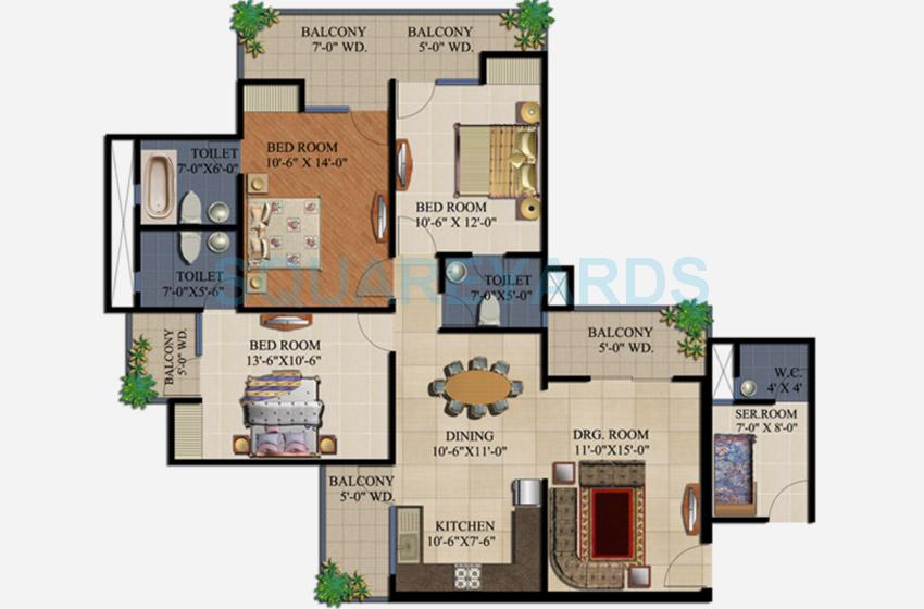 Floor plan of 3 BHK 1750 Sq. Ft. Apartment in Supertech 34 Pavilion, Noida
