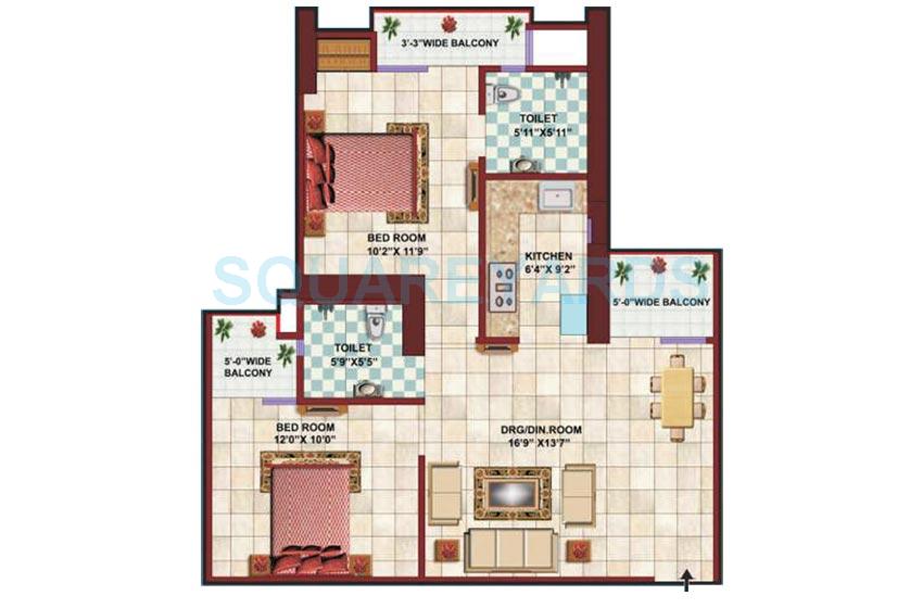 Floor plan of 2 BHK 1050 Sq. Ft. Apartment in Supertech Apex Tower, Noida