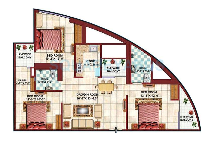 Floor plan of 3 BHK 1475 Sq. Ft. Apartment in Supertech Apex Tower, Noida