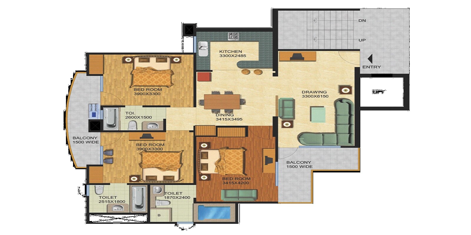 Floor plan of 3 BHK 1750 Sq. Ft. Apartment in Supertech Bluestone, Noida