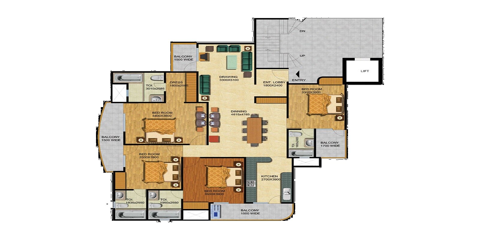 Floor plan of 4 BHK 2535 Sq. Ft. Apartment in Supertech Bluestone, Noida