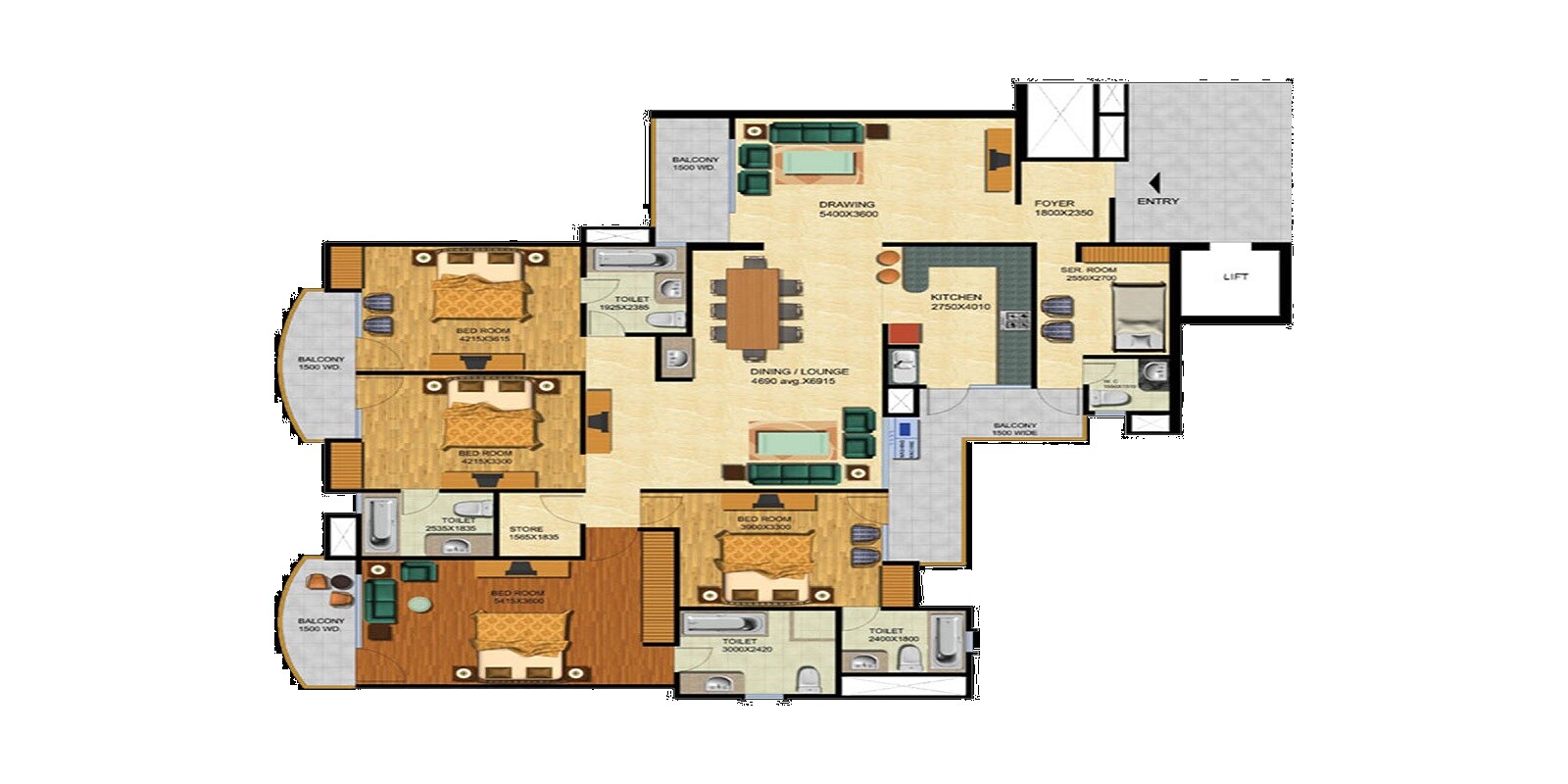 Floor plan of 4 BHK 2810 Sq. Ft. Apartment in Supertech Bluestone, Noida