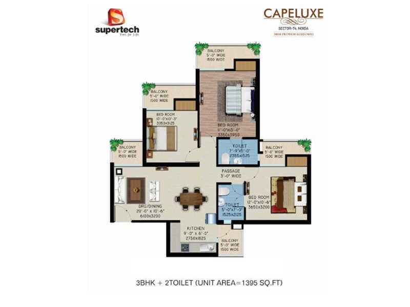 Floor plan of 3 BHK Apartment - 1395 sq. ft. in Supertech Cape Luxe, Noida