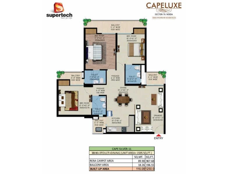 Floor plan of 3 BHK Apartment - 1595 sq. ft. in Supertech Cape Luxe, Noida