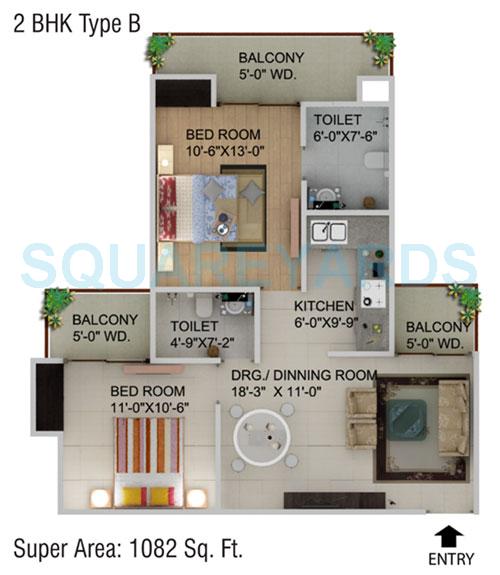 Floor plan of 2 BHK 1082 Sq. Ft. Apartment in Supertech Cape Town, Noida