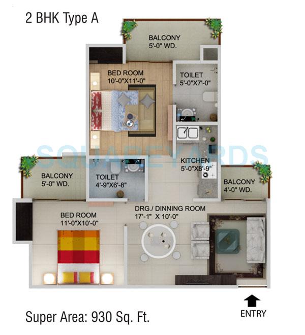 Floor plan of 2 BHK 930 Sq. Ft. Apartment in Supertech Cape Town, Noida