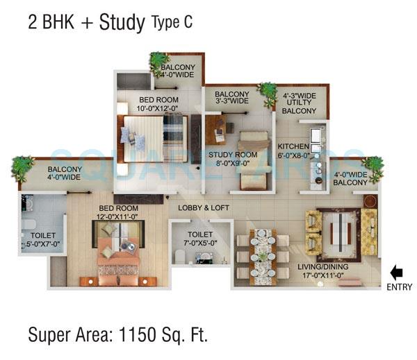 Floor plan of 2 BHK 1150 Sq. Ft. Apartment in Supertech Cape Town, Noida
