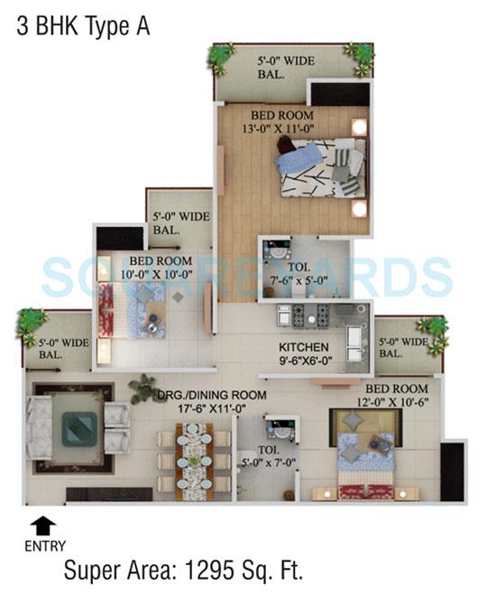 Floor plan of 3 BHK 1295 Sq. Ft. Apartment in Supertech Cape Town, Noida
