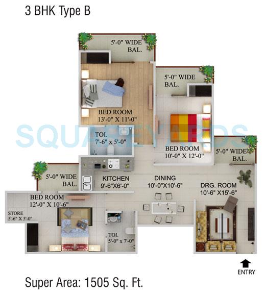 Floor plan of 3 BHK 1505 Sq. Ft. Apartment in Supertech Cape Town, Noida