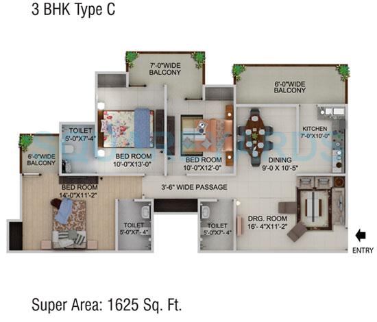 Floor plan of 3 BHK 1625 Sq. Ft. Apartment in Supertech Cape Town, Noida