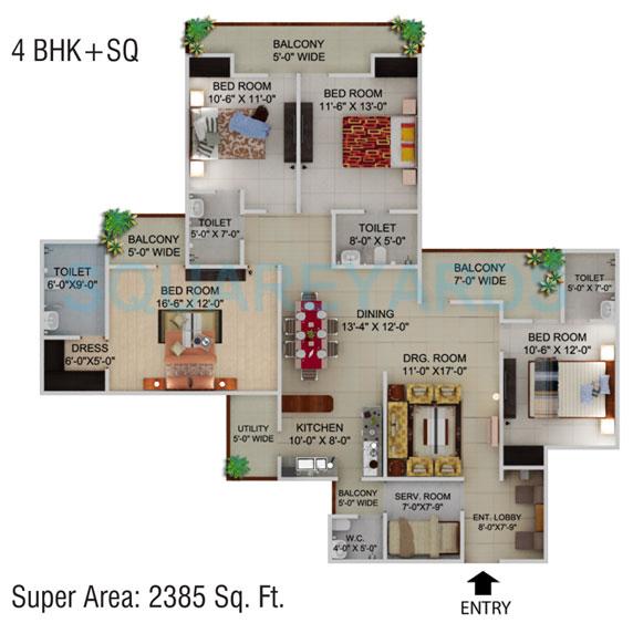 Floor plan of 4 BHK 2385 Sq. Ft. Apartment in Supertech Cape Town, Noida