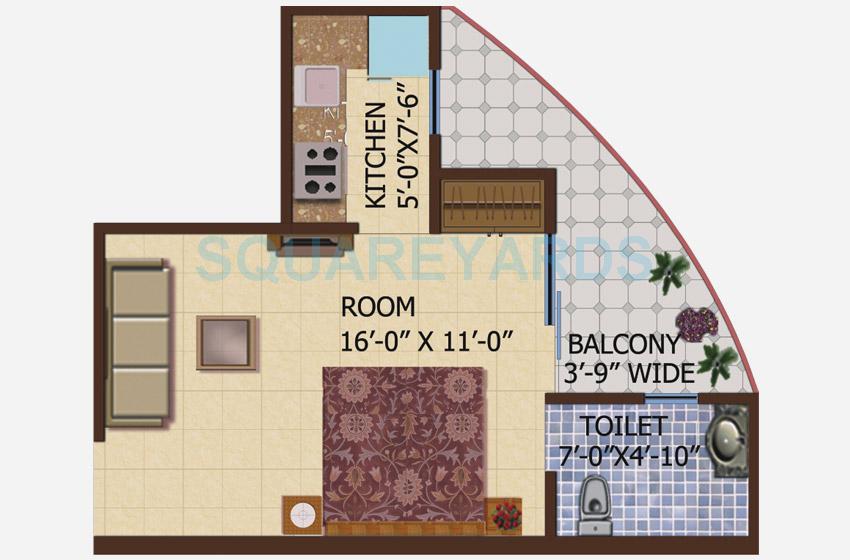 Floor plan of 1 BHK 475 Sq. Ft. Apartment in Supertech Ceyane Tower, Noida