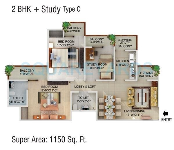 Floor plan of 2 BHK 1150 Sq. Ft. Apartment in Supertech Crown Town, Noida