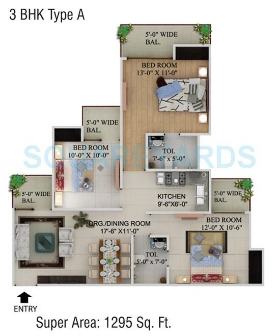 Floor plan of 3 BHK 1295 Sq. Ft. Apartment in Supertech Crown Town, Noida