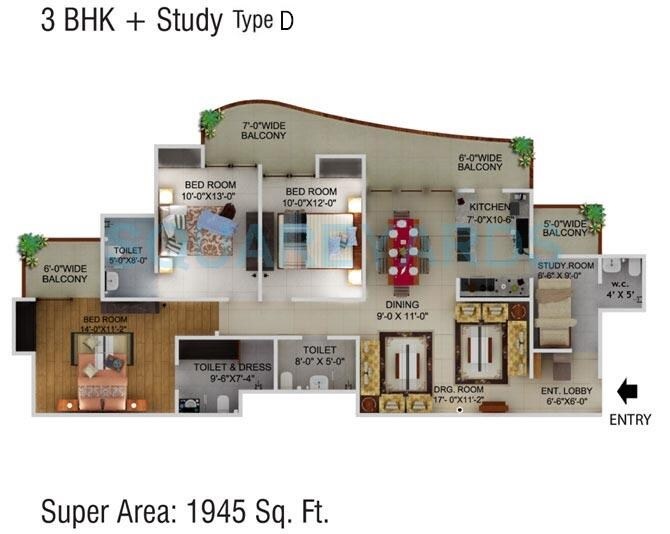 Floor plan of 3 BHK 1945 Sq. Ft. Apartment in Supertech Crown Town, Noida