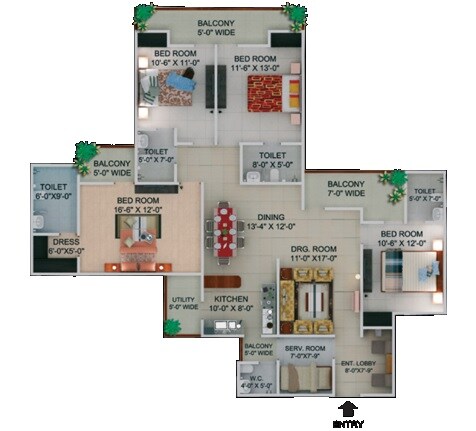 Floor plan of 4 BHK 2495 Sq. Ft. Apartment in Supertech Crown Town, Noida