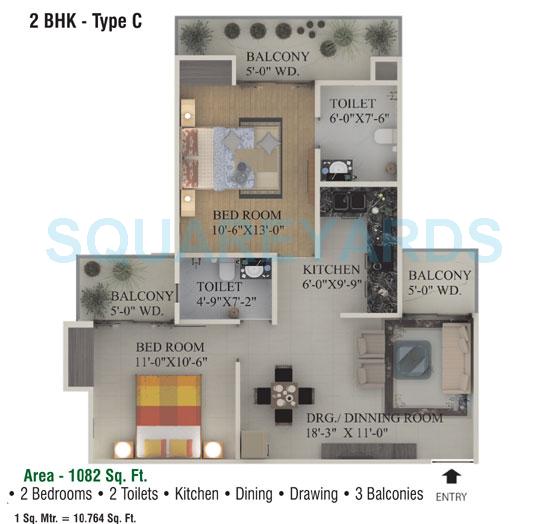 Floor plan of 2 BHK 1082 Sq. Ft. Apartment in Supertech Ecociti, Noida