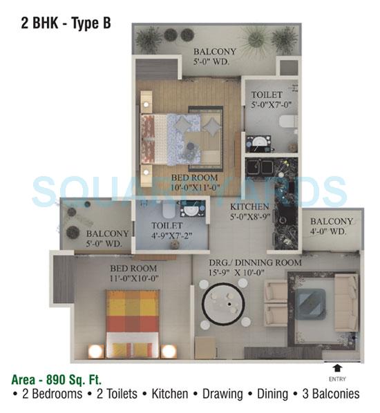 Floor plan of 2 BHK 890 Sq. Ft. Apartment in Supertech Ecociti, Noida