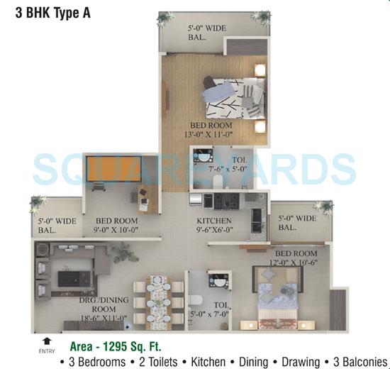 Floor plan of 3 BHK 1295 Sq. Ft. Apartment in Supertech Ecociti, Noida