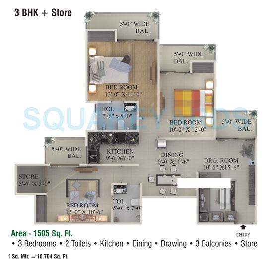 Floor plan of 3 BHK 1505 Sq. Ft. Apartment in Supertech Ecociti, Noida