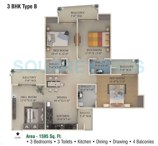 Floor plan of 3 BHK 1595 Sq. Ft. Apartment in Supertech Ecociti, Noida
