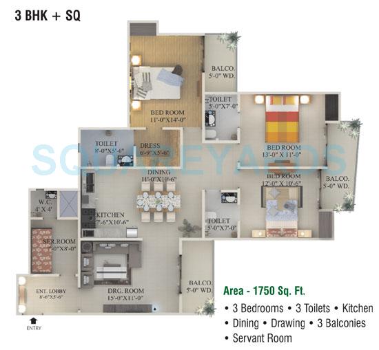 Floor plan of 3 BHK 1750 Sq. Ft. Apartment in Supertech Ecociti, Noida