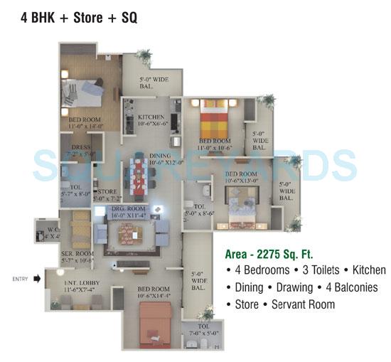 Floor plan of 4 BHK 2275 Sq. Ft. Apartment in Supertech Ecociti, Noida