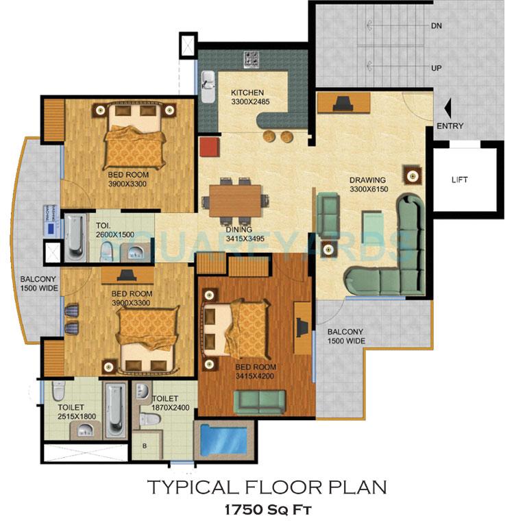 Floor plan of 3 BHK 1750 Sq. Ft. Apartment in Supertech Emerald Court, Noida