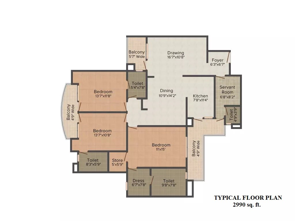 Floor plan of 3 BHK 2990 Sq. Ft. Apartment in Supertech Emerald Court, Noida