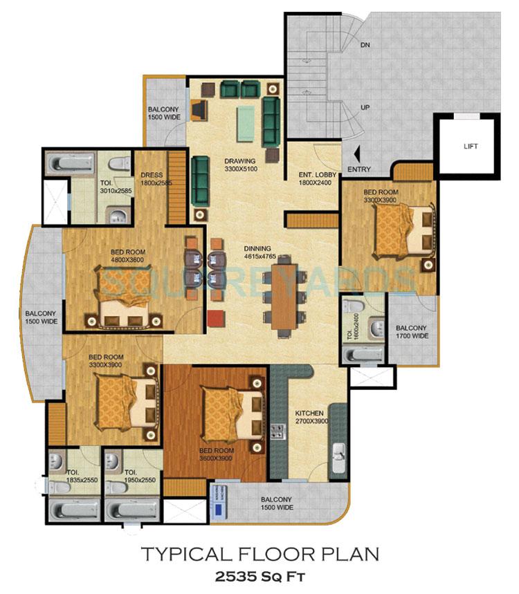 Floor plan of 4 BHK 2535 Sq. Ft. Apartment in Supertech Emerald Court, Noida
