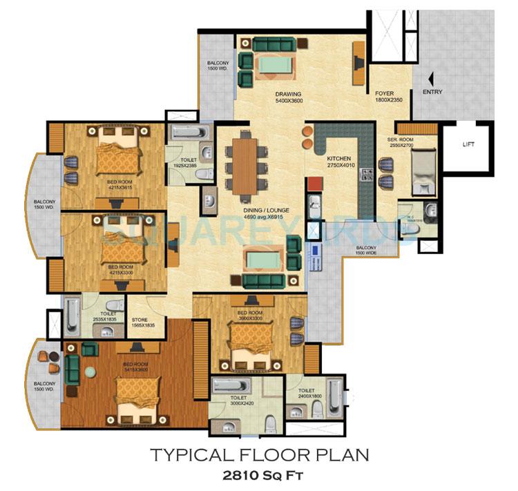 Floor plan of 4 BHK 2810 Sq. Ft. Apartment in Supertech Emerald Court, Noida