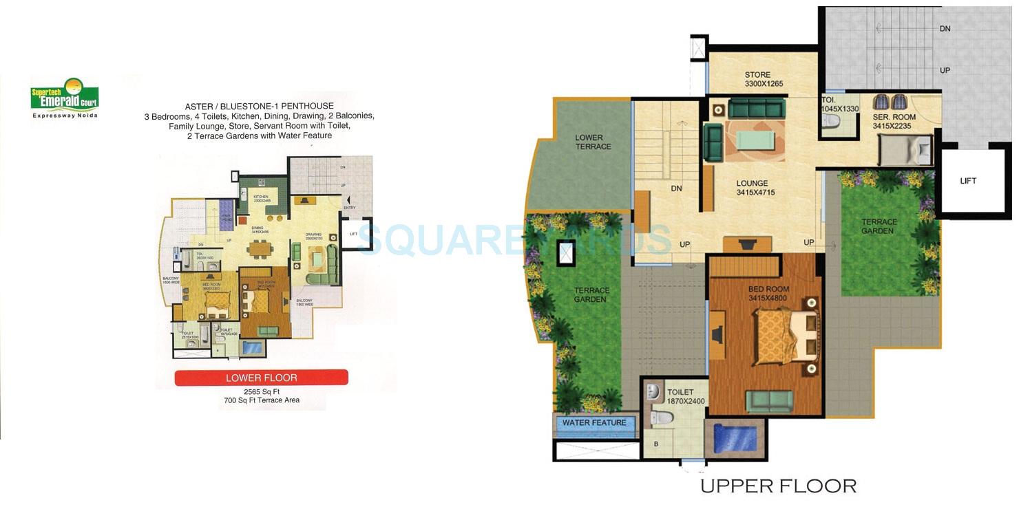 Floor plan of 3 BHK 2565 Sq. Ft. Penthouse in Supertech Emerald Court, Noida