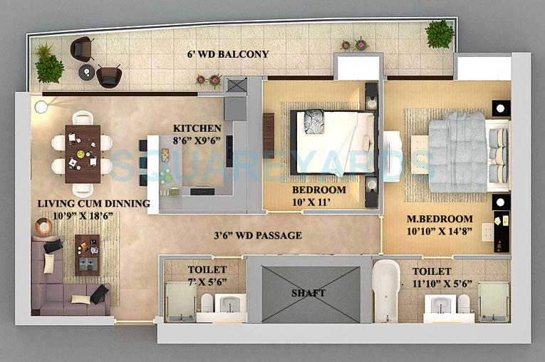 Floor plan of 2 BHK 1330 Sq. Ft. Apartment in Supertech Supernova Nova Residences, Noida