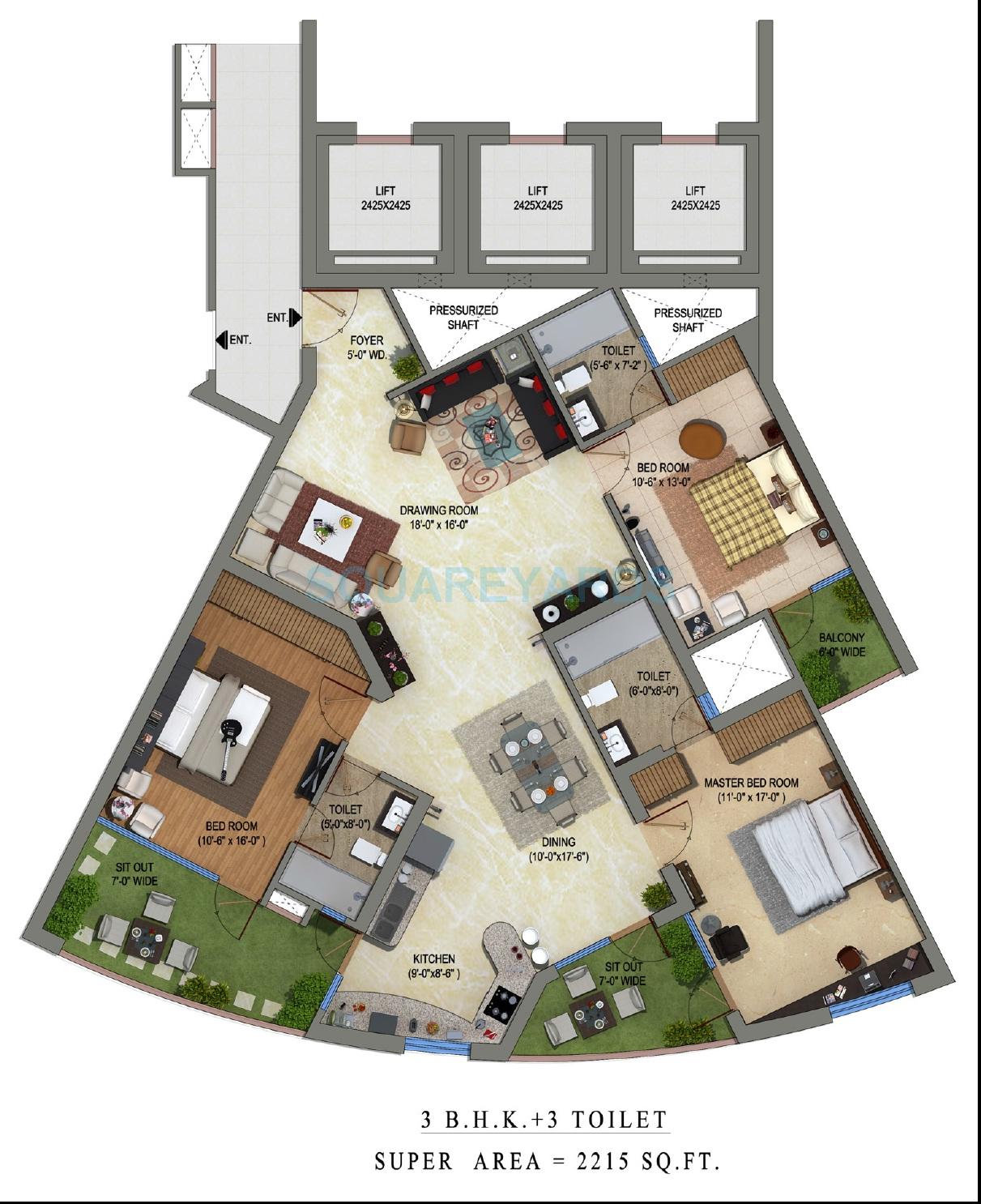 3 BHK 2215 Sq. Ft. Apartment