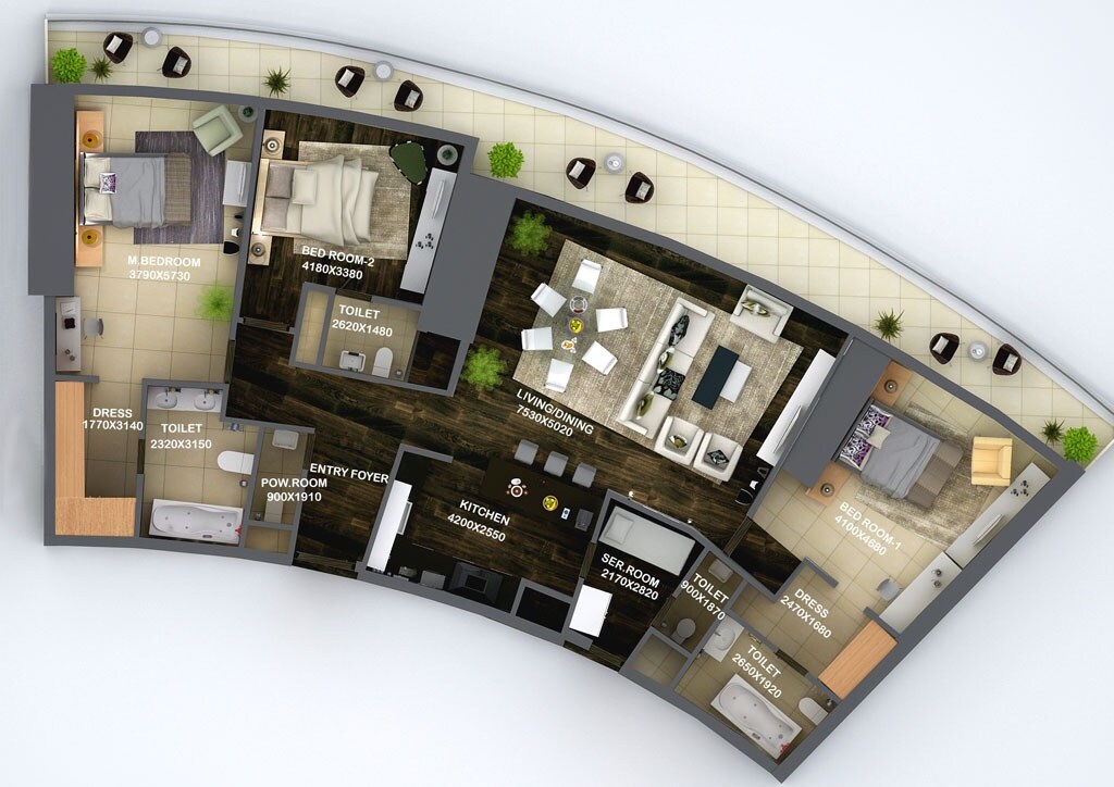 Floor plan of 3 BHK 3000 Sq. Ft. Apartment in Supertech Supernova Spira Residency, Noida