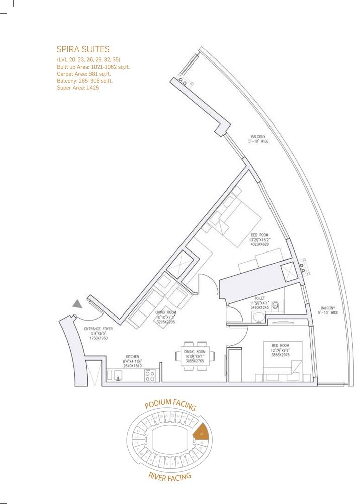 Floor plan of 2 BHK 1425 Sq. Ft. Apartment in Supertech Supernova Spira Suites, Noida