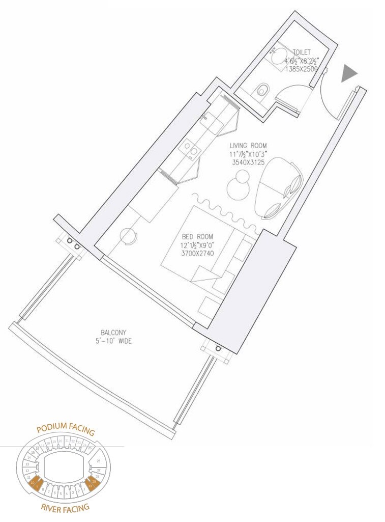 Floor plan of 560 Sq. Ft. Studio in Supertech Supernova Spira Suites, Noida