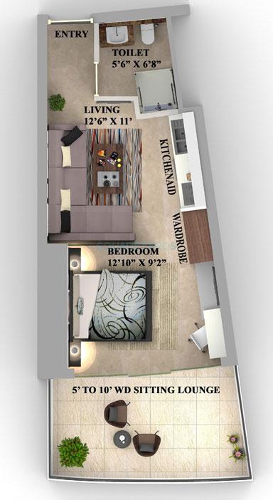 Floor plan of 1 BHK 595 Sq. Ft. Apartment in Supertech Supernova Spira Residency, Noida