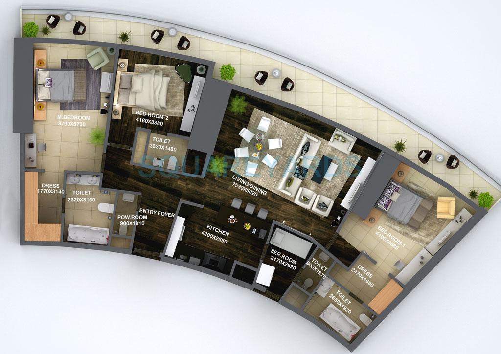 Floor plan of 3 BHK 3900 Sq. Ft. Apartment in Supertech Supernova Spira Residency, Noida