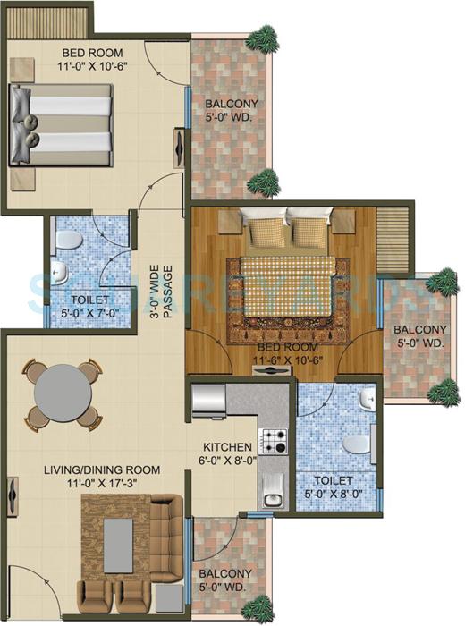 Floor plan of 2 BHK 1020 Sq. Ft. Apartment in Supertech The Romano, Noida