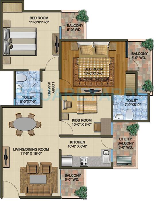 Floor plan of 2 BHK 1260 Sq. Ft. Apartment in Supertech The Romano, Noida
