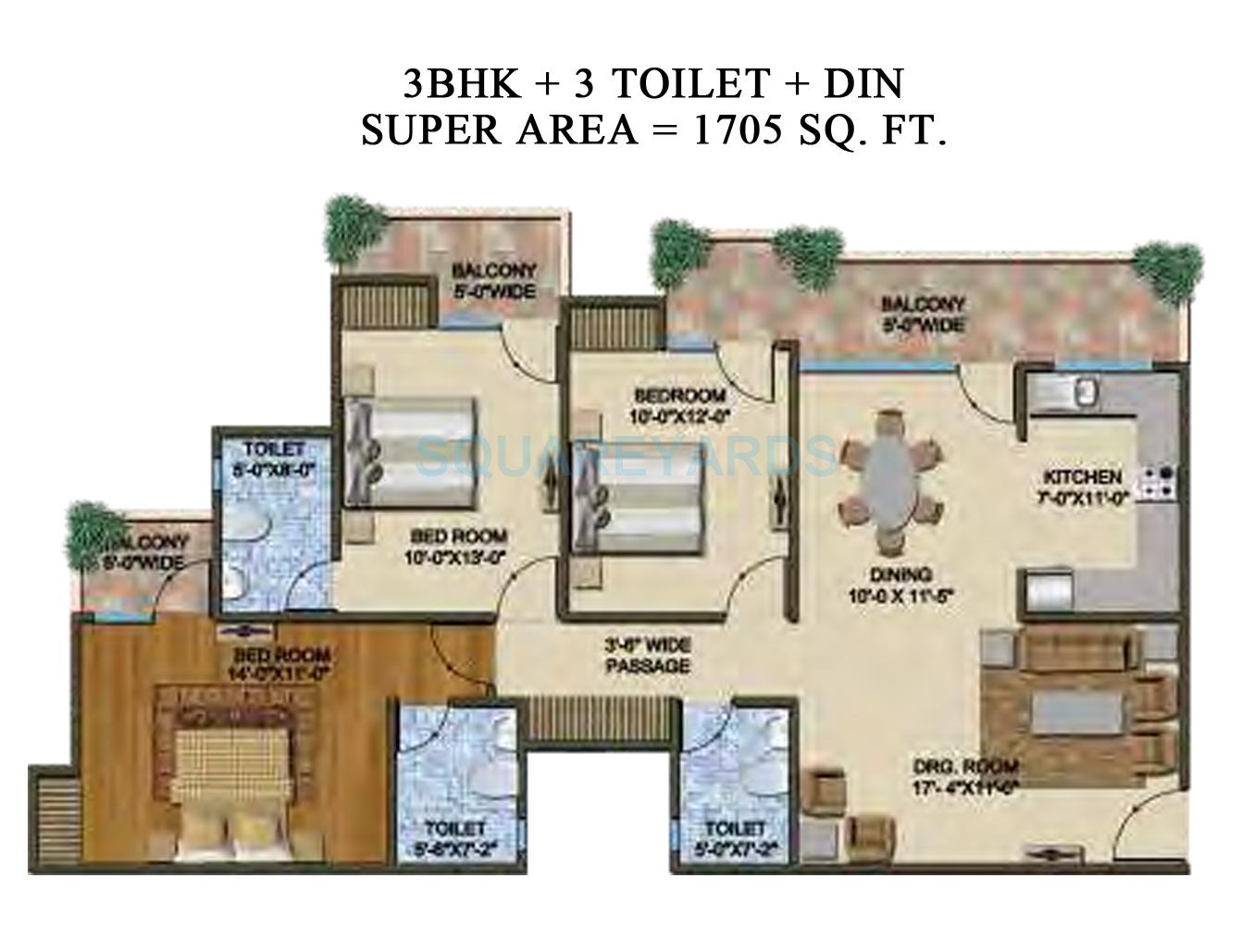 Floor plan of 3 BHK 1705 Sq. Ft. Apartment in Supertech The Romano, Noida