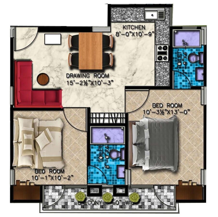 Floor plan of 2 BHK 1200 Sq. Ft. Apartment in Sustain White, Noida