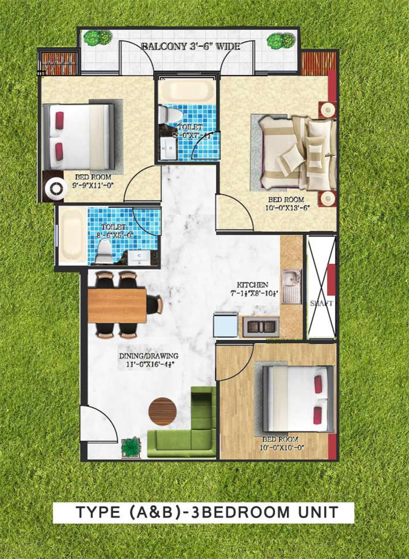Floor plan of 3 BHK 1200 Sq. Ft. Apartment in Sustain Yellow, Noida