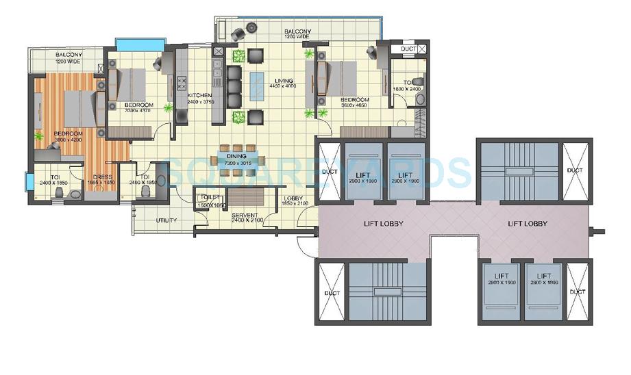 Floor plan of 3 BHK 2250 Sq. Ft. Apartment in TGB Meghdutam, Noida