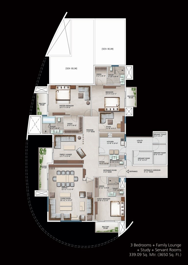 Floor plan of 3 BHK 3650 Sq. Ft. Apartment in The 3C Lotus 300, Noida
