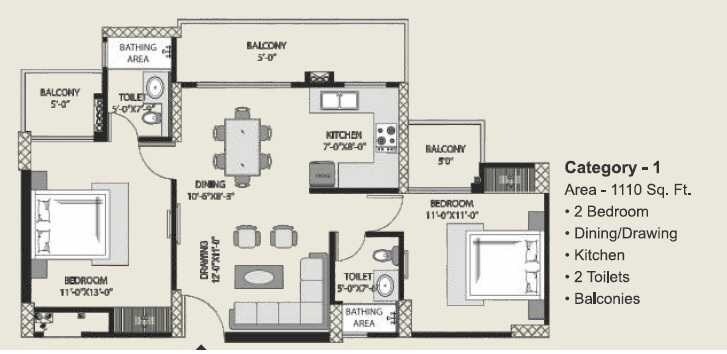 Floor plan of 2 BHK 1110 Sq. Ft. Apartment in The Exotic fresco, Noida