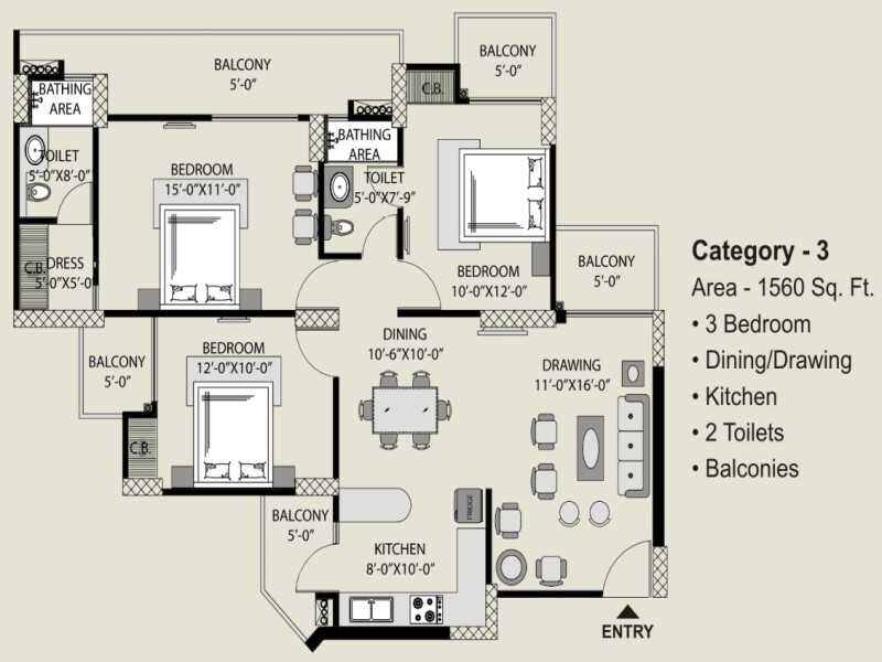 Floor plan of 3 BHK 1560 Sq. Ft. Apartment in The Exotic fresco, Noida