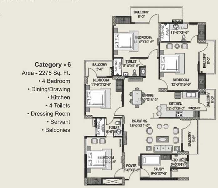 Floor plan of 4 BHK 2275 Sq. Ft. Apartment in The Exotic fresco, Noida