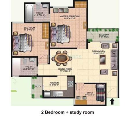 Floor plan of 2 BHK 1225 Sq. Ft. Apartment in Today Ridge Residency, Noida